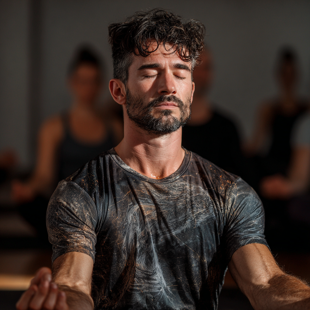 Fiatal magyar felnőttek csoportja jóga óra után, elégedett és energikus kifejezéssel